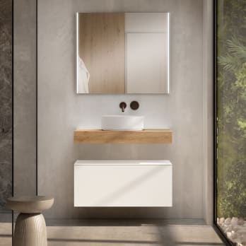Meuble de salle de bains avec plan de toilette en bois de 10 cm de hauteur couleur chêne avec caisson Nomad Visobath