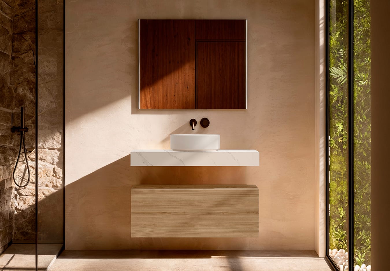 Meuble de salle de bains avec plan de toilette en HPL résine de 10 cm, finition en marbre « Cala », avec caisson « Nomade » de Visobath principal 0