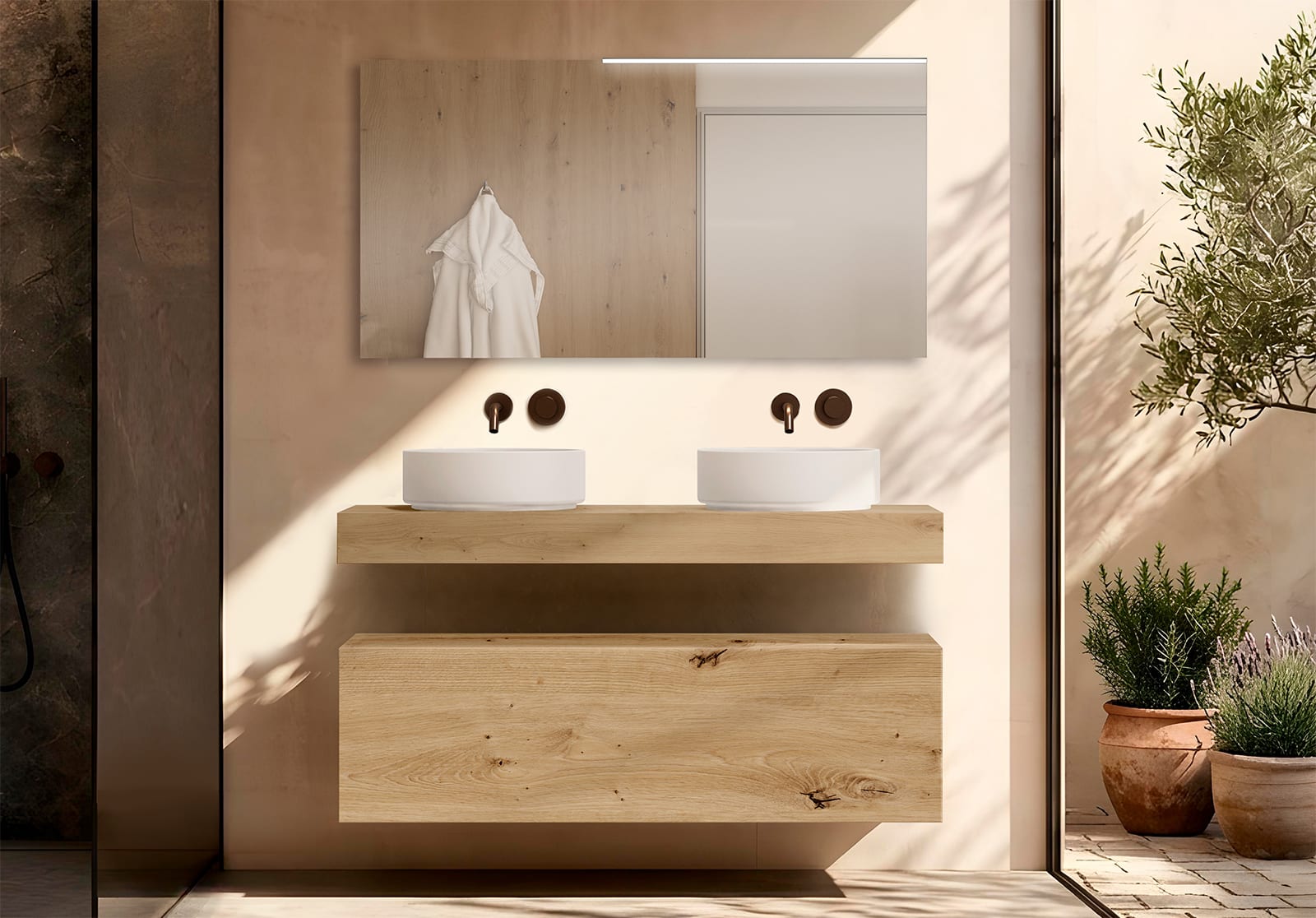 Meuble de salle de bains avec plan de toilette en bois de 10 cm de hauteur, monocolore Nomad Visobath principal 0