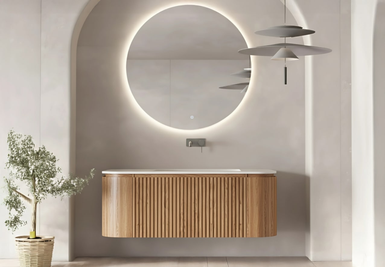 Ensemble meuble de salle de bain 100 cm en bois massif de frêne avec lavabo Solid Surface Evo Curve Bruntec principal 0