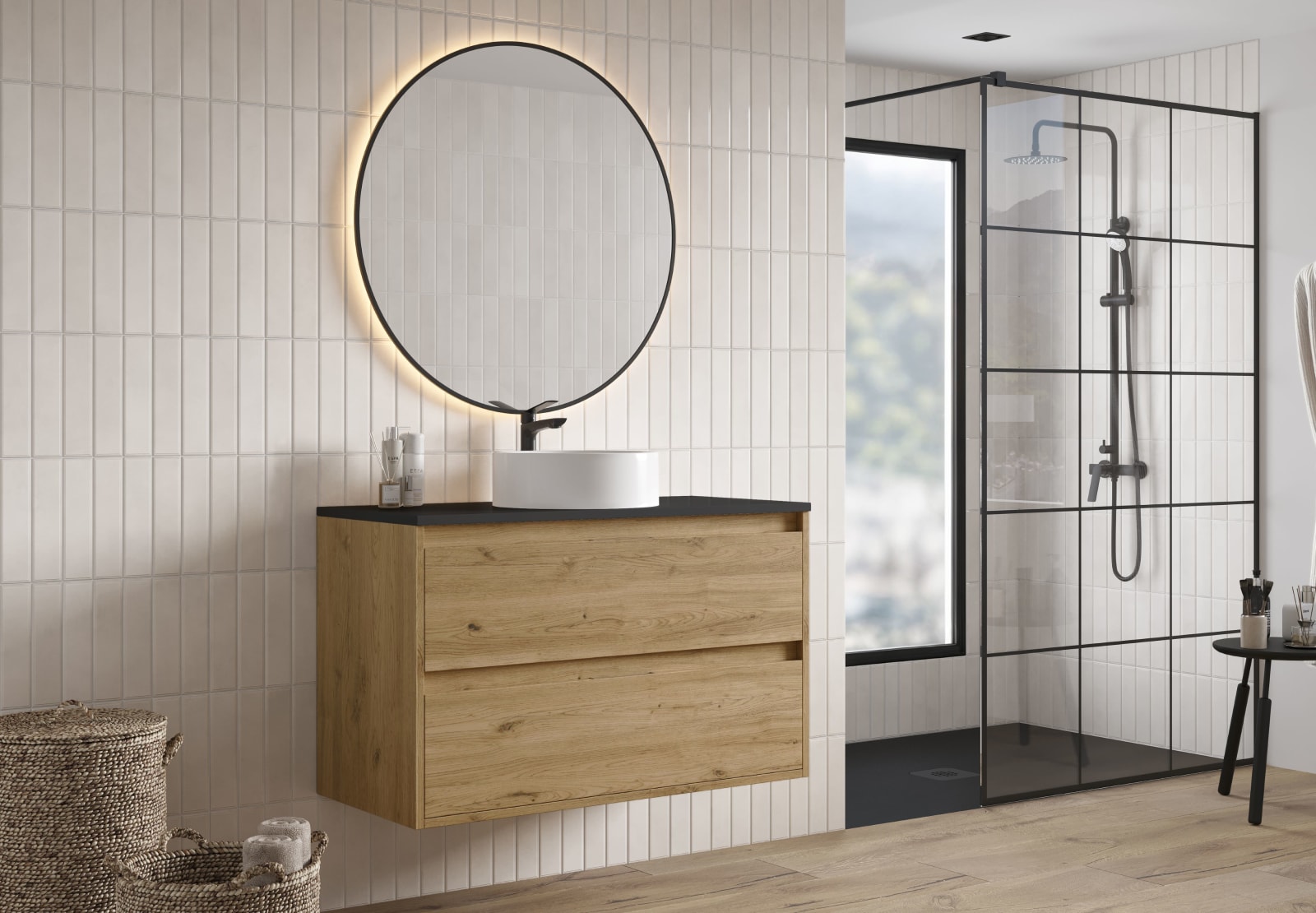 Meuble de salle de bains avec plan de toilette Artemisa Bruntec Pierre compactée noir principal 0