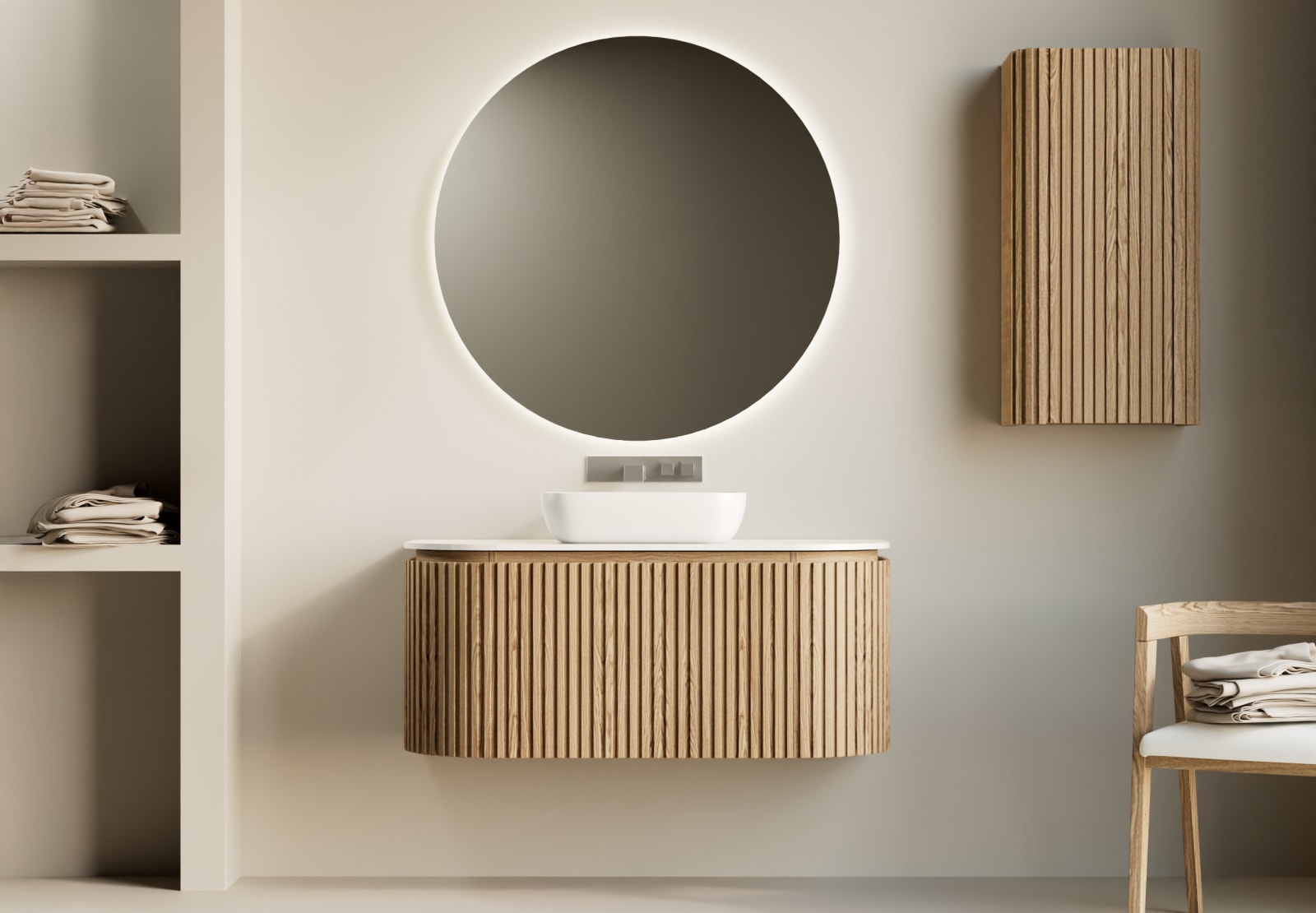 Meuble de salle de bain, plusieurs dimensions, en bois massif de frêne avec plan de toilette Solid Surface Neo Curve Bruntec, principal 0