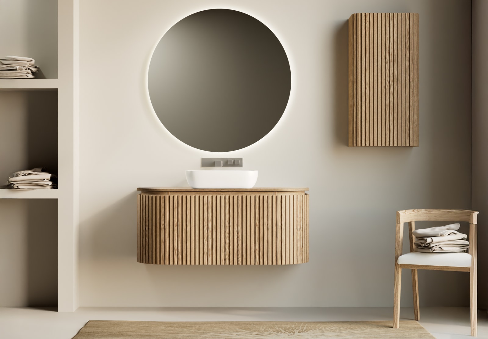 Meuble de salle de bain, plusieurs dimensions, en bois massif de frêne avec plan de toilette en bois Neo Curve Bruntec principal 0