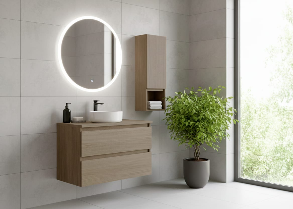 Meuble de salle de bains en bois laminé avec plan de toilette en bois Vilma Bruntec principal 0