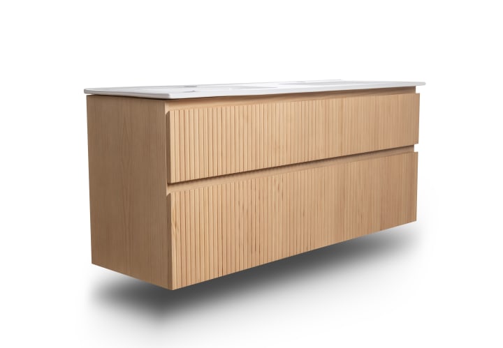 Ensemble de meubles de salle de bains en bois massif rainuré Alpes 7 Bruntec détail 2