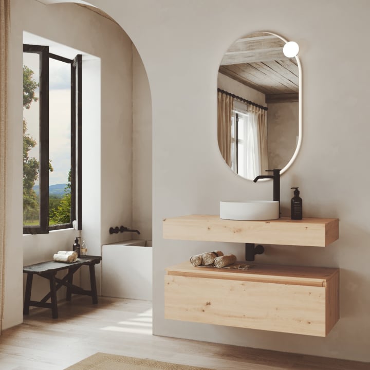 Ensemble de meubles de salle de bains en bois avec plan de toilette en bois Vilma Bruntec principal 2