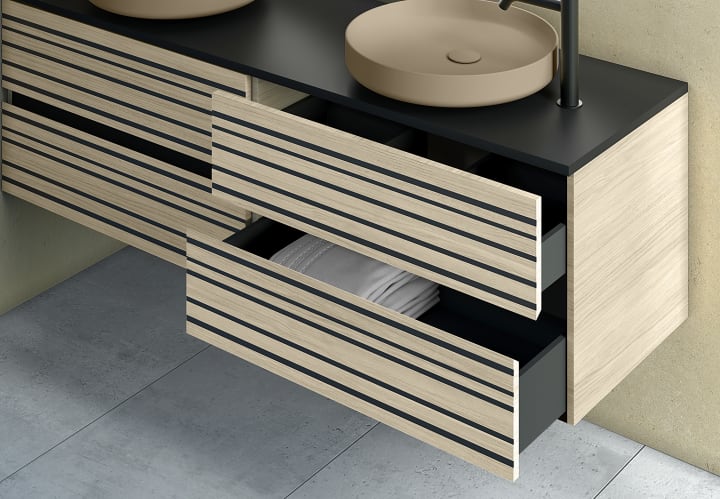 Meuble de salle de bains avec plan de toilette en microtec noir Kora Bruntec détail 2