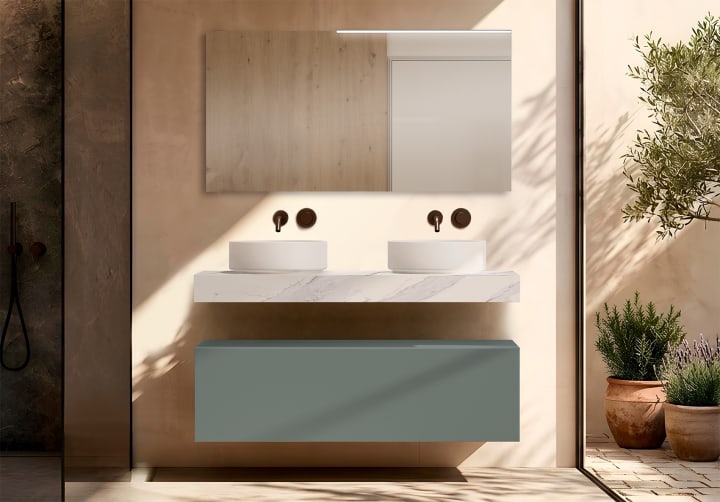 Meuble de salle de bains avec plan de toilette en HPL résine de 10 cm, finition en marbre « Cala », avec caisson « Nomade » de Visobath environnement 18