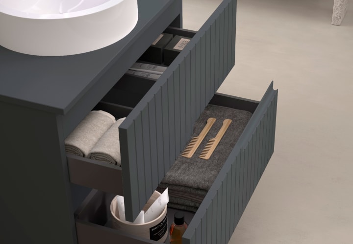 Meuble de salle de bains avec plan de toilette en pierre compacte colorée Ebi Bruntec couleurs détail 10