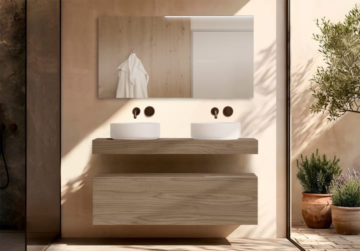 Meuble de salle de bains avec plan de toilette en bois de 10 cm de hauteur, monocolore Nomad Visobath principal 2