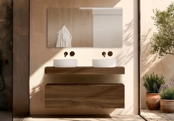 Meuble de salle de bains avec plan de toilette en bois de 10 cm de hauteur, monocolore Nomad Visobath principal 1