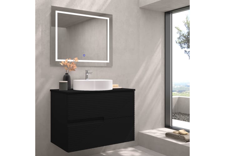 Meuble de salle de bains avec plan de toilette en pierre compactée de couleur Limo de Bruntec principal 3