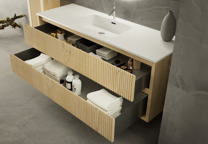 Ensemble de meubles de salle de bains en bois massif avec côtés Alpes 19 Bruntec détail 2
