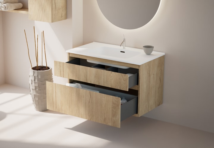 Ensemble de meuble de salle de bains en bois massif Alpes 17 Bruntec détail 6