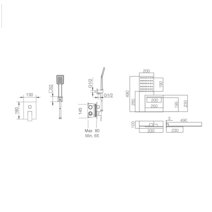 Ensemble de douche encastré Rodas Imex croquis 8