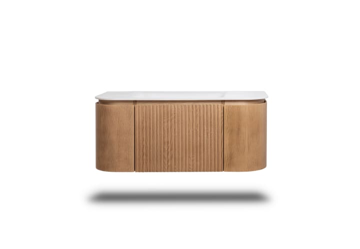 Ensemble meuble de salle de bain 100 cm en bois massif de frêne avec lavabo Solid Surface Evo Curve Bruntec détail 2