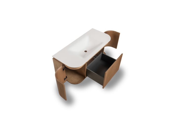 Ensemble meuble de salle de bain 100 cm en bois massif de frêne avec lavabo Solid Surface Evo Curve Bruntec détail 3