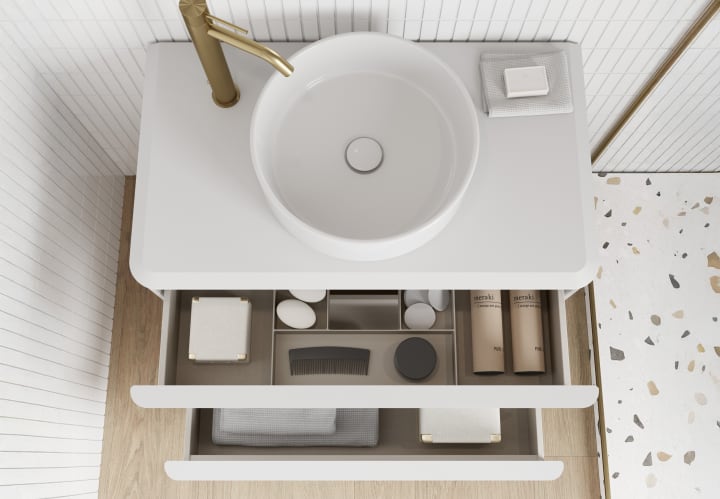 Meuble de salle de bains avec plan de toilette en résine blanche Dai Top Royo détail 2