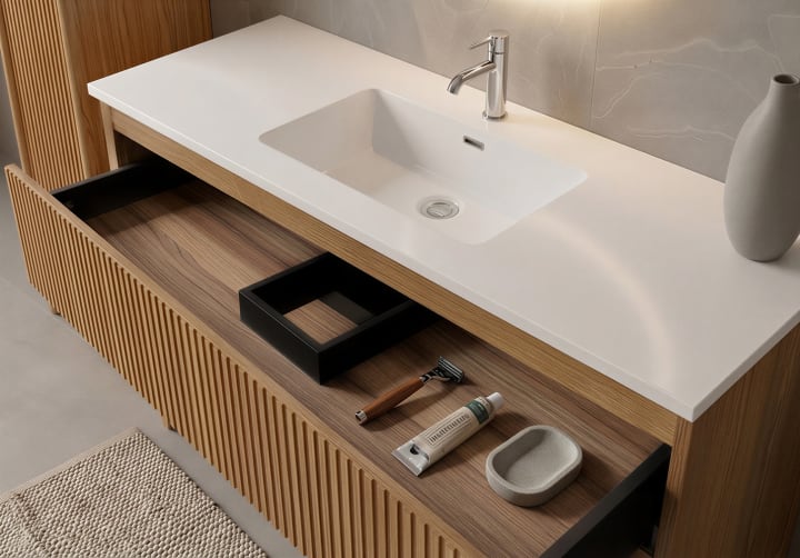 Ensemble de meuble de salle de bains avec lavabo en Solid Surface « Duna » de Bruntec détail 13