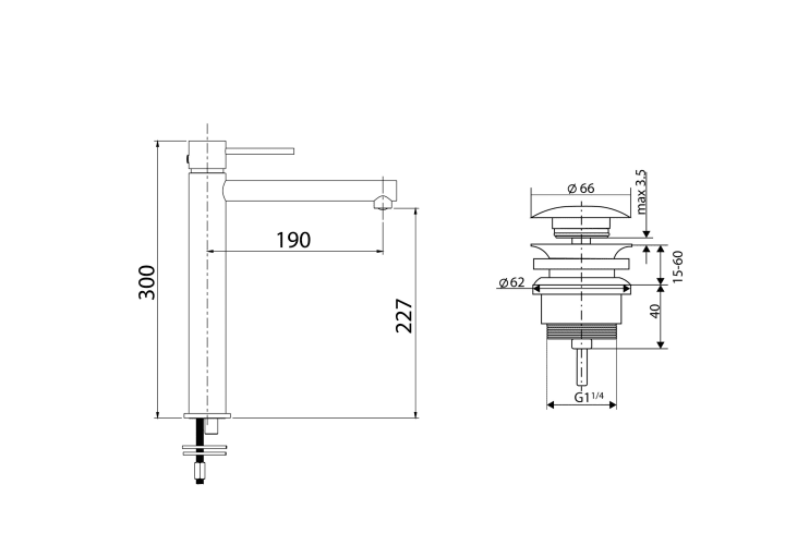 Milos Imex robinet de lavabo à bec haut + pack de bondes click-clack croquis 11