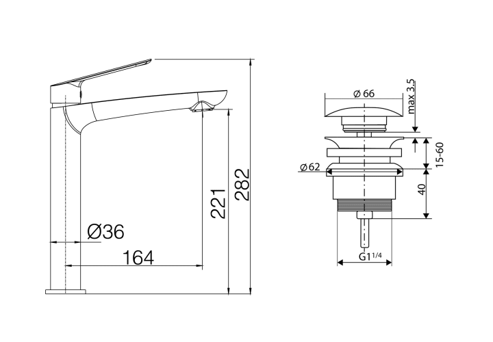 Imex Lúxor robinet de lavabo à bec haut + bonde click-clack Pack croquis 6