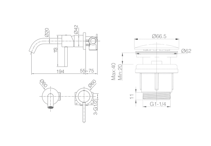 Pack robinetterie de lavabo encastrée Monza  + valve clic-clac + siphon rond apparent Imex croquis 9