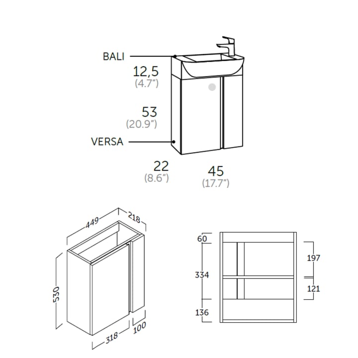 Ensemble meuble de salle de bains à faible profondeur 22 cm Versa Coycama croquis 7