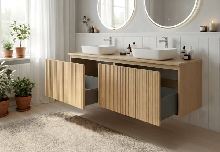 Meuble de salle de bain en bois massif avec plan de toilette Alpes 4 Bruntec détail 2