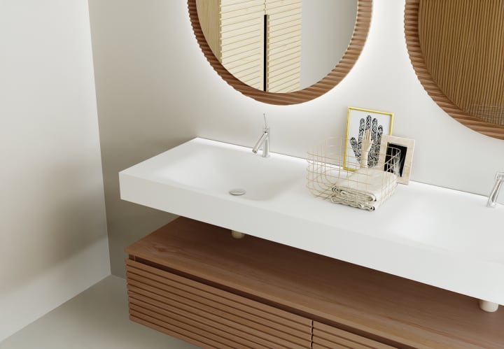 Ensemble meuble de salle de bain avec lavabo double en solid surface et caisson Alpes 4 Bruntec détail 3