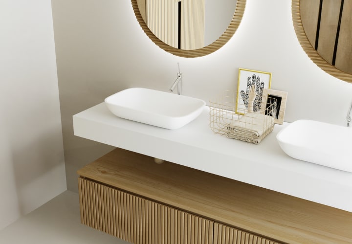 Meuble de salle de bains avec plan de toilette et caisson en solid surface Alpes 4 Bruntec détail 3