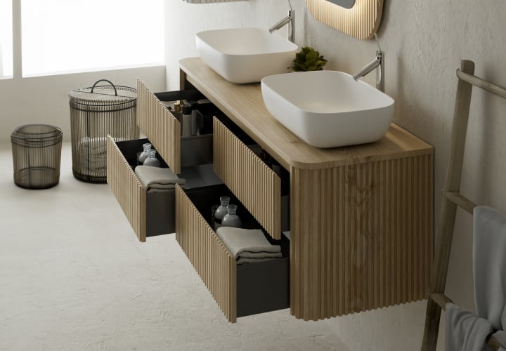 Meubles de salle de bains avec plan de toilette en bois massif Baviera Bruntec détail 3