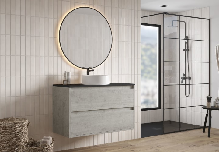 Meuble de salle de bains avec plan de toilette Artemisa Bruntec Pierre compactée noir principal 2