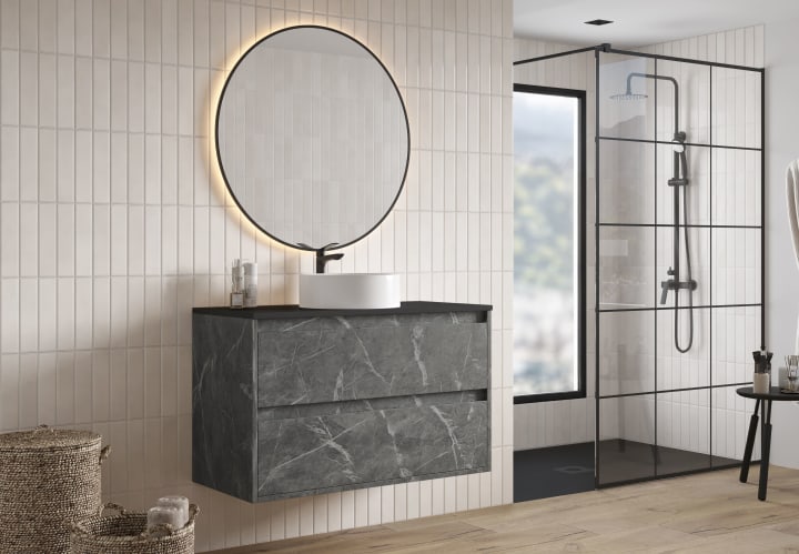 Meuble de salle de bains avec plan de toilette Artemisa Bruntec Pierre compactée noir principal 3