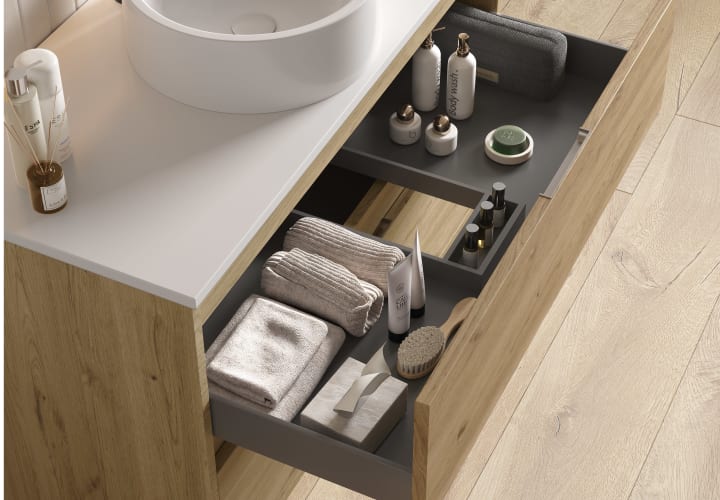 Meuble de salle de bains avec plan de toilette Artemisa Bruntec Pierre compactée noir détail 12