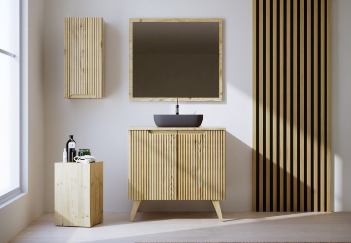 Meuble de salle de bains avec plan de toilette en bois massif et pieds Alpes 14 Bruntec principal 1