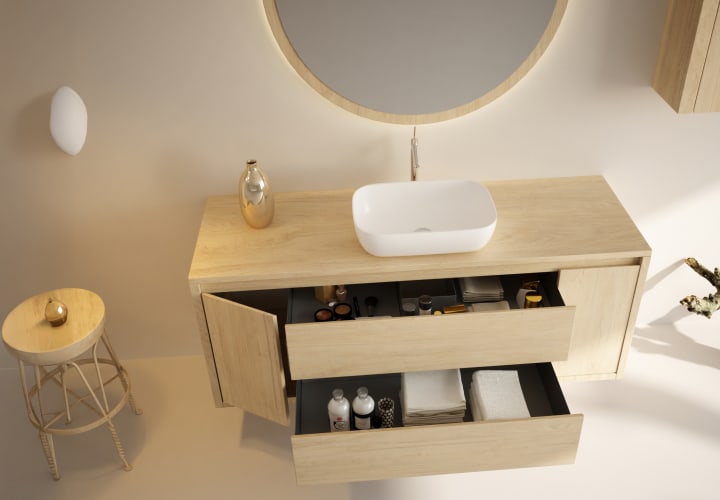 Meubles de salle de bains avec plan de toilette en bois massif Alpes 13 Bruntec détail 2