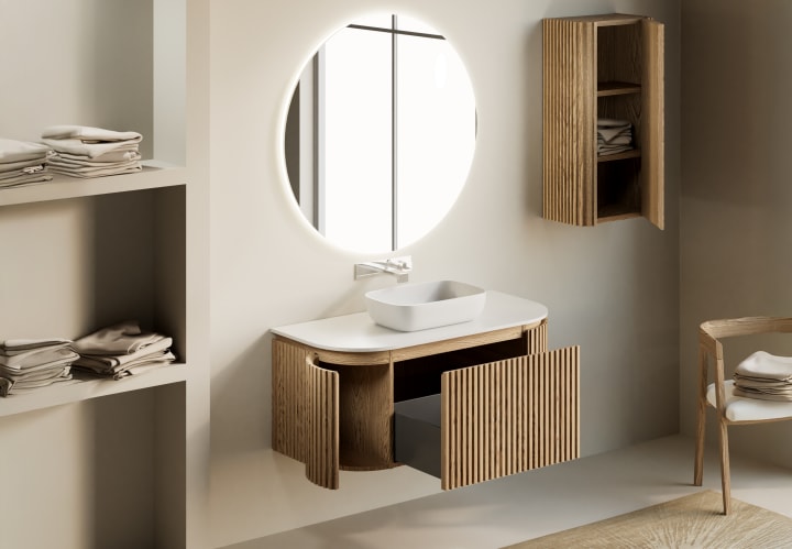 Meuble de salle de bain, plusieurs dimensions, en bois massif de frêne avec plan de toilette Solid Surface Neo Curve Bruntec, détail 2