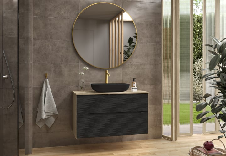 Meuble de salle de bains avec plan de toilette bois Sahara Coycama environnement 21