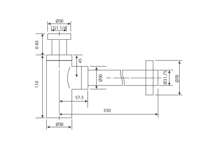 Pack robinet de lavabo à bec haut Monza Imex + valve clic clac + Siphon rond apparent croquis 10
