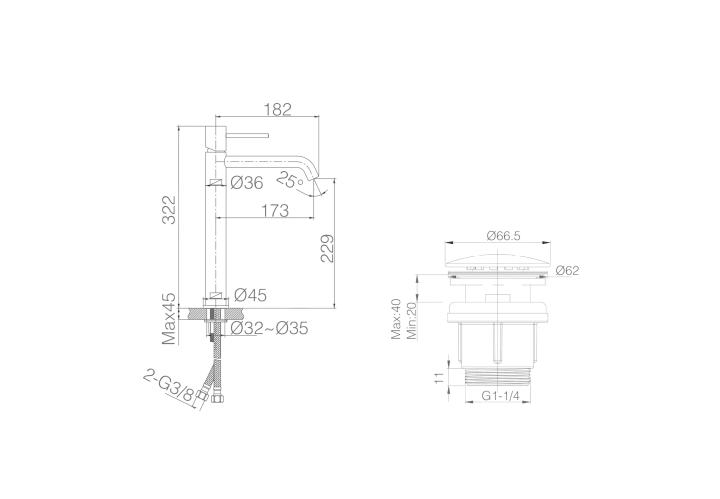 Pack robinet de lavabo à bec haut Monza Imex + valve clic clac + Siphon rond apparent croquis 9