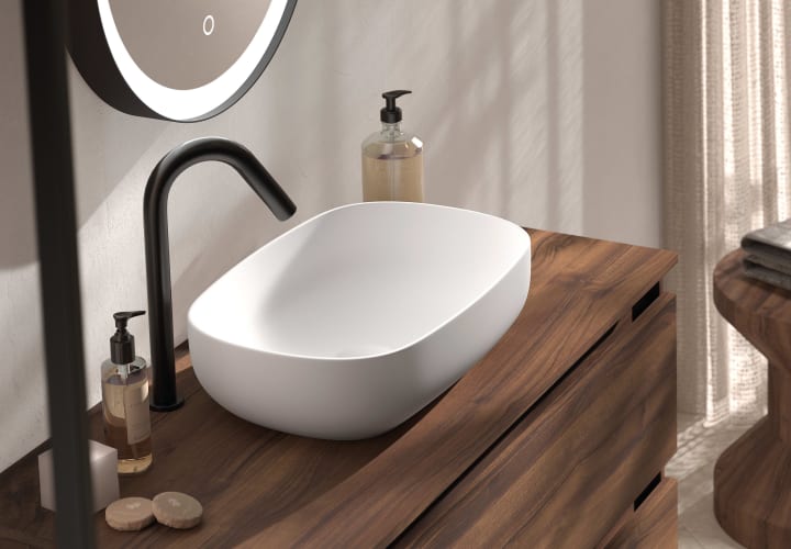 Meuble de salle de bains avec plan de toilette en bois MDF hydrofuge Box Viso détail 2