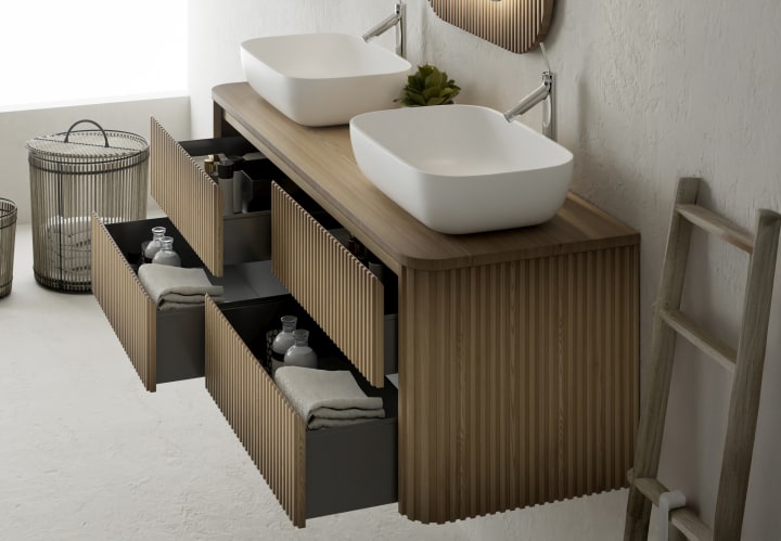 Meubles de salle de bains avec plan de toilette en bois massif Baviera Bruntec détail 6