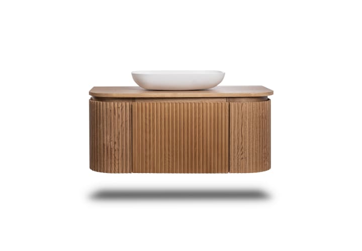 Meuble de salle de bain, plusieurs dimensions, en bois massif de frêne avec plan de toilette en bois Neo Curve Bruntec détail 4