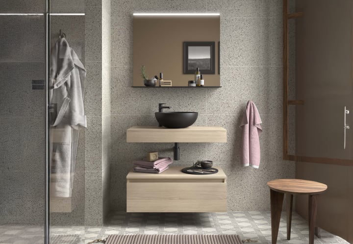 Ensemble de meubles de salle de bains avec plan de toilette et caisson en bois Domus Salgar environnement 7