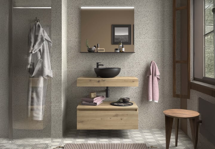 Ensemble de meubles de salle de bains avec plan de toilette et caisson en bois Domus Salgar environnement 8