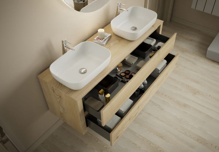 Meubles de salle de bains avec plan de toilette en bois massif Laponia Bruntec détail 2