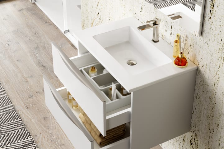 Meuble de salle de bains avec plan de toilette en bois détail 2