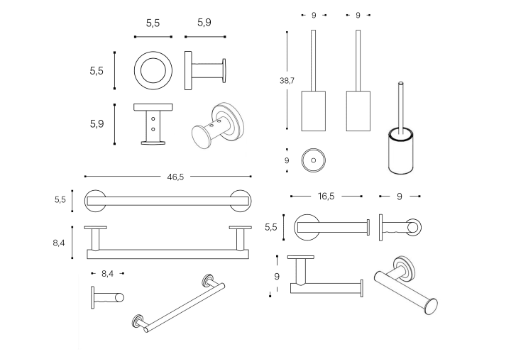 Ensemble d'accessoires de salle de bains Architect S+ Cosmic croquis 19