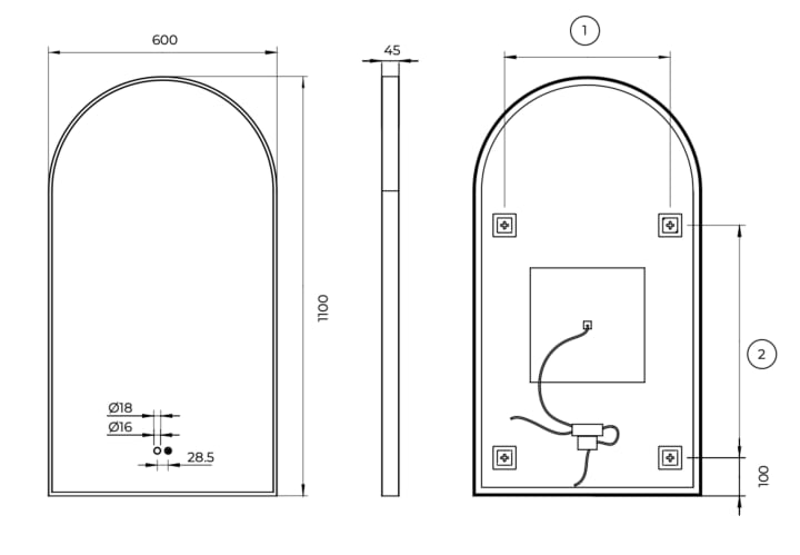 Miroir arqué avec lumière LED Roma Ledimex croquis 7