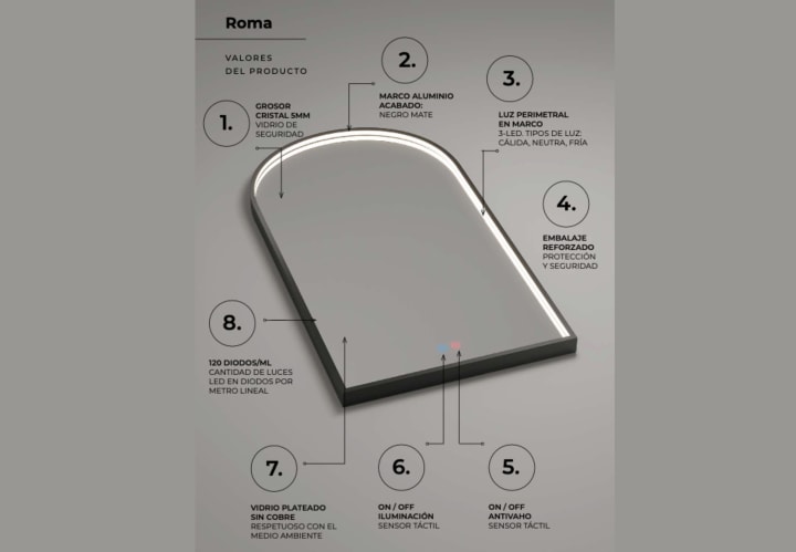 Miroir arqué avec lumière LED Roma Ledimex détail 4